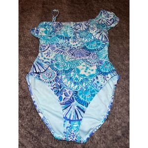LILLY PULITZER Tropez One Shoulder Swimsuit Turquoise Oasis Half Shell Size 10